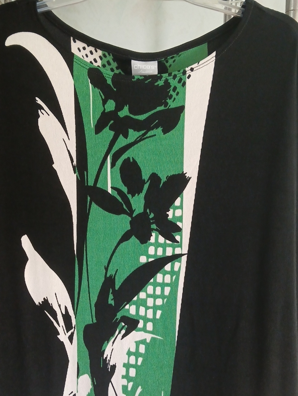 Chico's Black Tunic  with Green & White Floral Stripe